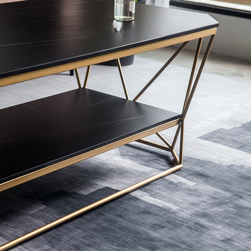 Luxe salontafel met stenen blad, cocktailtafel met metalen frame en plank