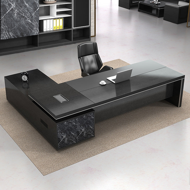 Black L-Shape Office Desk Cable Management Executive Desk with 2-Drawer Right Hand Return Clearhalo 'furn' 'furn_office_desk' 'Furniture' 'Office Desks' 'Office Furniture' 'office_desk' 6271612