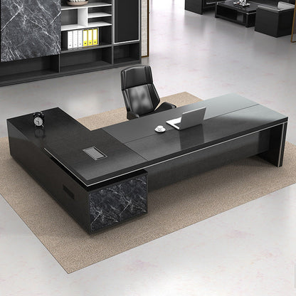 Black L-Shape Office Desk Cable Management Executive Desk with 2-Drawer Right Hand Return Clearhalo 'furn' 'furn_office_desk' 'Furniture' 'Office Desks' 'Office Furniture' 'office_desk' 6271612