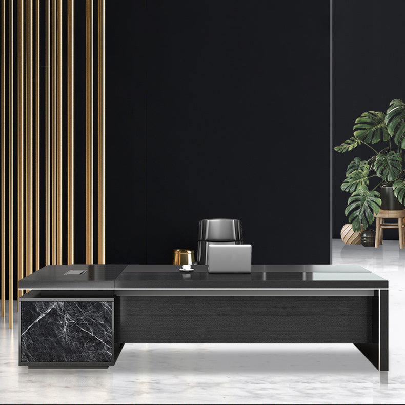 Black L-Shape Office Desk Cable Management Executive Desk with 2-Drawer 94.5"L x 63"W x 29.5"H Right Hand Return Clearhalo 'furn' 'furn_office_desk' 'Furniture' 'Office Desks' 'Office Furniture' 'office_desk' 6271613