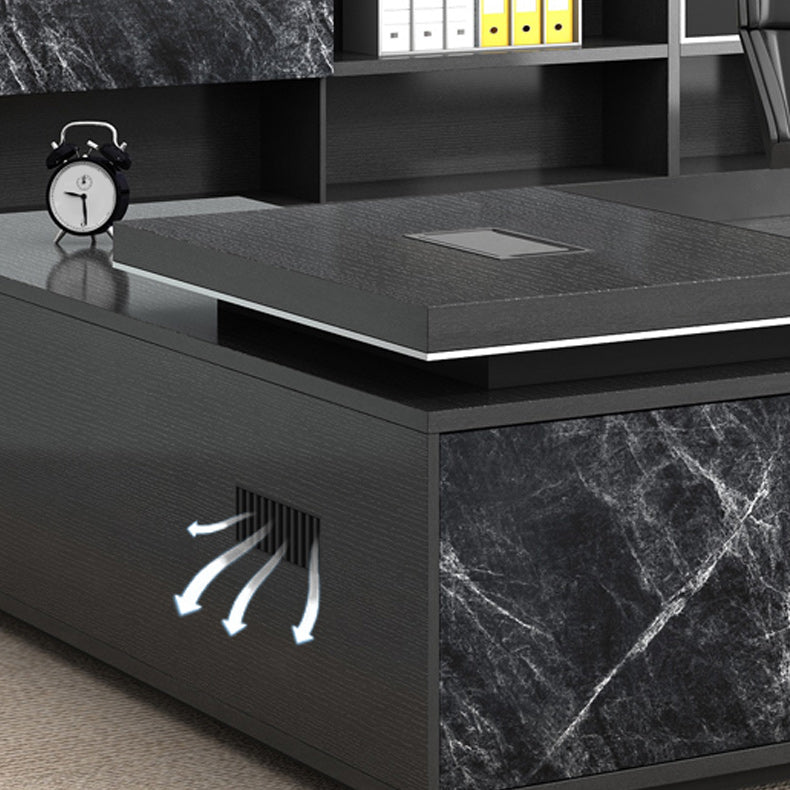 Black L-Shape Office Desk Cable Management Executive Desk with 2-Drawer Clearhalo 'furn' 'furn_office_desk' 'Furniture' 'Office Desks' 'Office Furniture' 'office_desk' 6271615