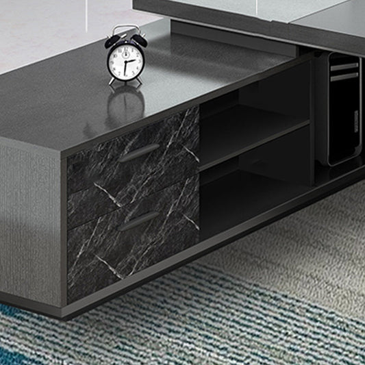 Black L-Shape Office Desk Cable Management Executive Desk with 2-Drawer Clearhalo 'furn' 'furn_office_desk' 'Furniture' 'Office Desks' 'Office Furniture' 'office_desk' 6271617