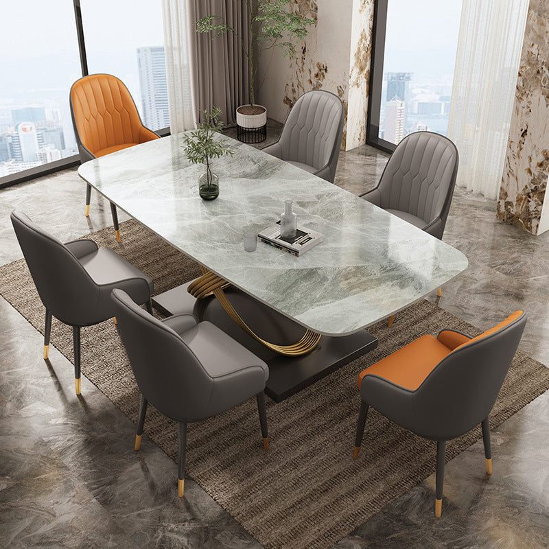 Mesa rectangular de piedra sinterizada de estilo industrial con patas de metal para uso doméstico