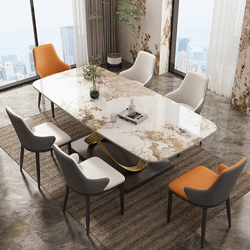 Mesa rectangular de piedra sinterizada de estilo industrial con patas de metal para uso doméstico