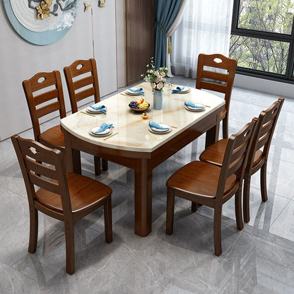 Round Stone Top Dining Table Drop-Leaf Dinner Room Kitchen Table with Wood Base Brown Without Chairs Clearhalo 'Dining Tables & Seating' 'Dining Tables' 'dining_table' 'furn' 'furn_dining_table' 'Furniture' 'Kitchen & Dining Furniture' 6277479