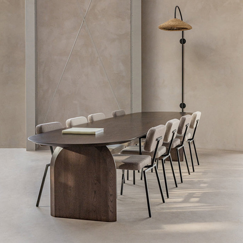 Mesa de madera maciza marrón con pedestal doble, mesa de cocina ovalada para comedor