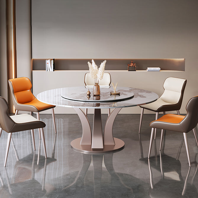 Modern Round Table Sintered Stone Dining Table with Turntable White Brown 51.2"L x 51.2"W x 29.9"H Without Chairs Clearhalo 'Dining Tables & Seating' 'Dining Tables' 'dining_table' 'furn' 'furn_dining_table' 'Furniture' 'Kitchen & Dining Furniture' 6277712