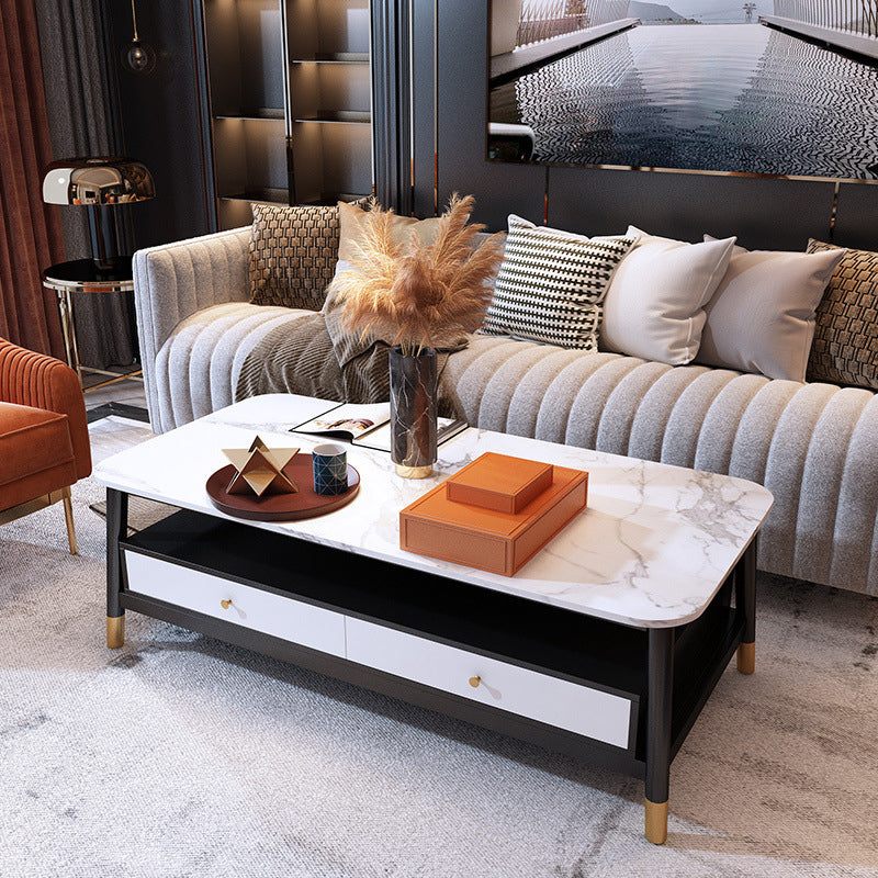 2 - Drawer and 1 - Shelf Coffee Table Rectangular Slate 4 Legs Cocktail Table White Clearhalo 'Coffee & Accent Tables' 'Coffee Tables' 'coffee_tables' 'furn' 'furn_coffee_tables' 'Furniture' 'Living Room Furniture' 6279025