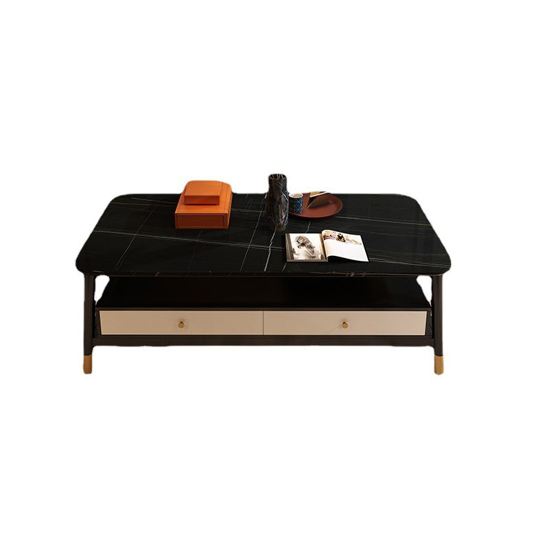 2 - Drawer and 1 - Shelf Coffee Table Rectangular Slate 4 Legs Cocktail Table Clearhalo 'Coffee & Accent Tables' 'Coffee Tables' 'coffee_tables' 'furn' 'furn_coffee_tables' 'Furniture' 'Living Room Furniture' 6279028