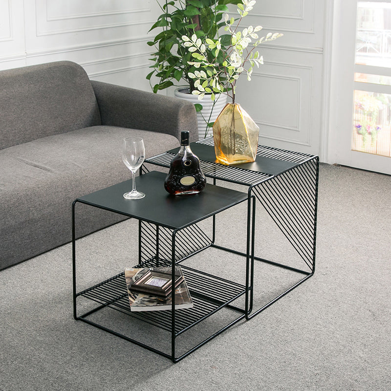 Mesa de centro cuadrada con 2 nidos y estante, juego de mesa de centro con estructura de hierro de mediados de siglo