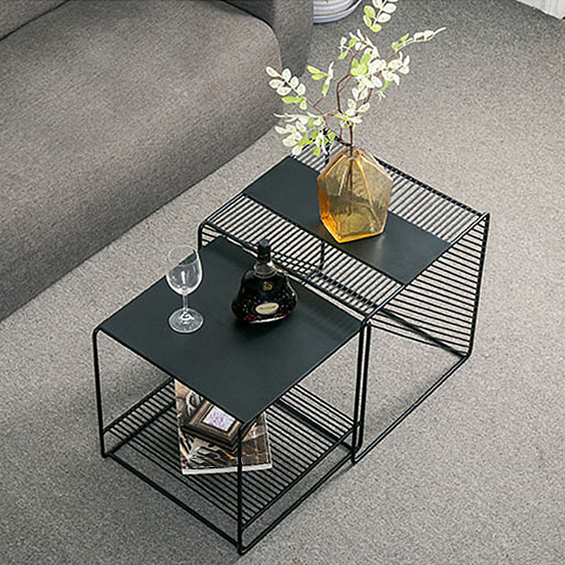 Mesa de centro cuadrada con 2 nidos y estante, juego de mesa de centro con estructura de hierro de mediados de siglo