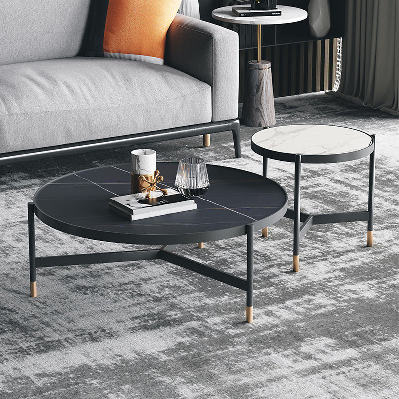 3 Legs 2 Piece Bunching Coffee Tables Minimalist Round Stone Cocktail Table 31.5"L x 31.5"W x 16"H + 20"L x 20"W x 20"H Black White Clearhalo 'Coffee & Accent Tables' 'Coffee Tables' 'coffee_tables' 'furn' 'furn_coffee_tables' 'Furniture' 'Living Room Furniture' 6279181