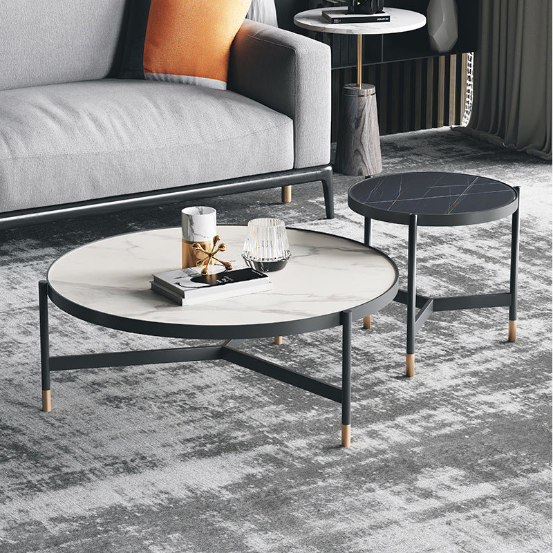 3 Legs 2 Piece Bunching Coffee Tables Minimalist Round Stone Cocktail Table 31.5"L x 31.5"W x 16"H + 20"L x 20"W x 20"H White Black Clearhalo 'Coffee & Accent Tables' 'Coffee Tables' 'coffee_tables' 'furn' 'furn_coffee_tables' 'Furniture' 'Living Room Furniture' 6279183