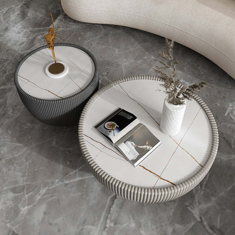 Luxurious Slate Round Pedestal Coffee Cocktail Table in White and Gray Clearhalo 'Coffee & Accent Tables' 'Coffee Tables' 'coffee_tables' 'furn' 'furn_coffee_tables' 'Furniture' 'Living Room Furniture' 6279213
