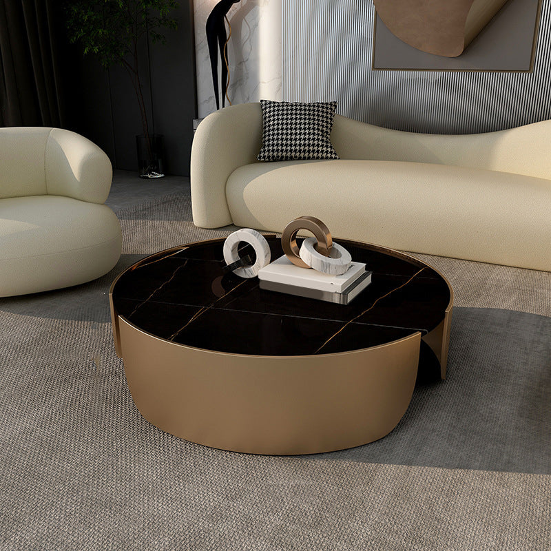 Dia 35.4" Round Cocktail Table Glam Slate Top 1 Single Coffee Table Black Gold Clearhalo 'Coffee & Accent Tables' 'Coffee Tables' 'coffee_tables' 'furn' 'furn_coffee_tables' 'Furniture' 'Living Room Furniture' 6279229