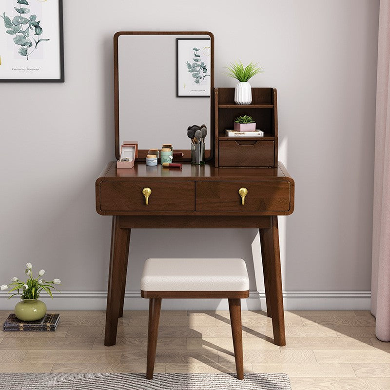 Scandinavian Make-up Vanity with 3 Storage Drawers 15.74" Wide Solid Wood Dresser Makeup Vanity & Mirror & Stools Walnut Clearhalo 'Bedroom Furniture' 'furn' 'furn_makeup_vanities' 'Furniture' 'Makeup Vanities' 'makeup_vanities' 6279445
