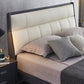 Modern Pine Wood Standard Bed Genuine Leather Panel Bed Upholstered Headboard