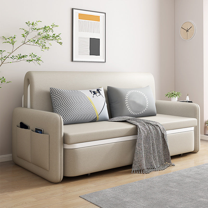 Contemporary 35.43" H Faux Leather Square Arm Sofa Bed for Apartment Beige Clearhalo 'furn' 'furn_sofas' 'Furniture' 'Living Room Furniture' 'Sofa' 'sofas' 6280049