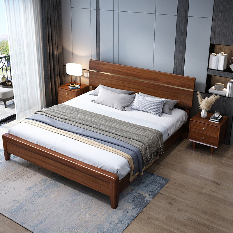 Mid-Century Modern Standard Bed Walnut Espresso Bed Frame With Custom Gold Legs Clearhalo 'Bedroom Furniture' 'Beds' 'furn' 'furn_beds' 'Furniture' 6280577