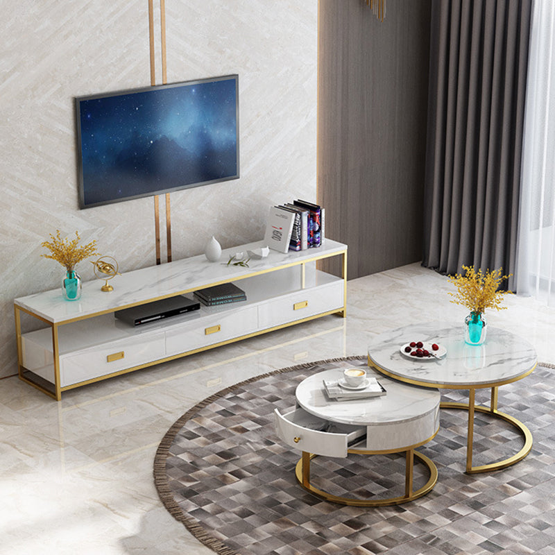 Meuble TV moderne avec 3 tiroirs, console multimédia de rangement ouverte
