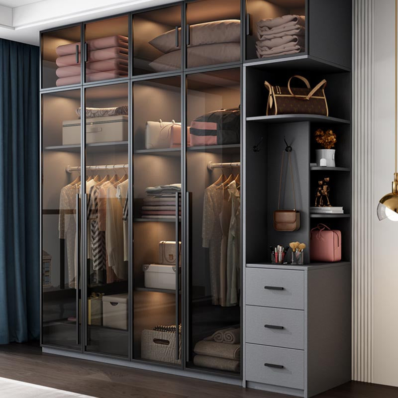Armoire de porte à charnière de style moderne pour armoire grise de chambre avec des portes en verre