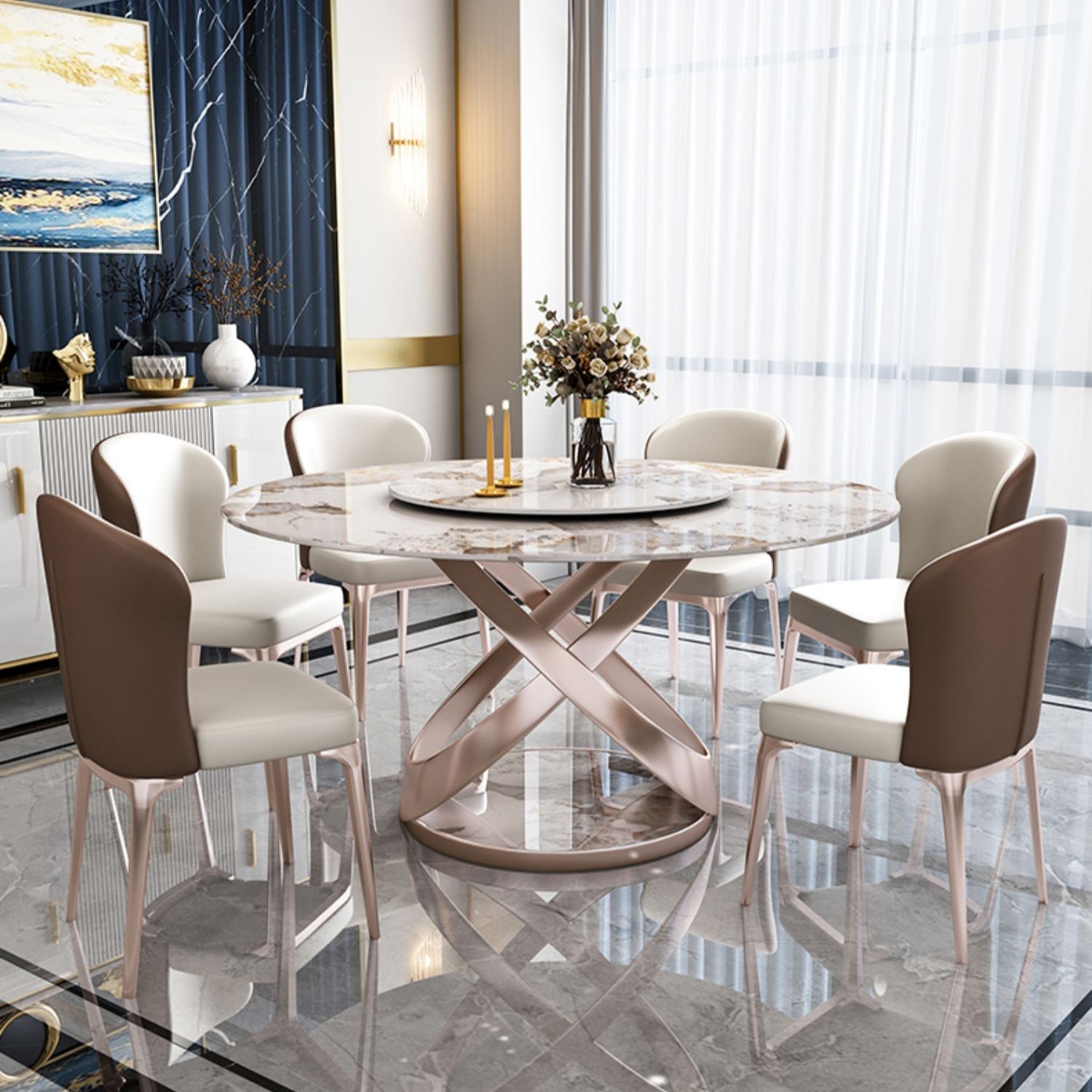 Sintered Stone Dining Table Set 1/4/5/7 Pcs Round Dining Table and Upholstered Chairs Clearhalo 'Dining Room Sets' 'Dining Tables & Seating' 'dining_room_set' 'furn' 'furn_dining_room_set' 'Furniture' 'Kitchen & Dining Furniture' 6288108