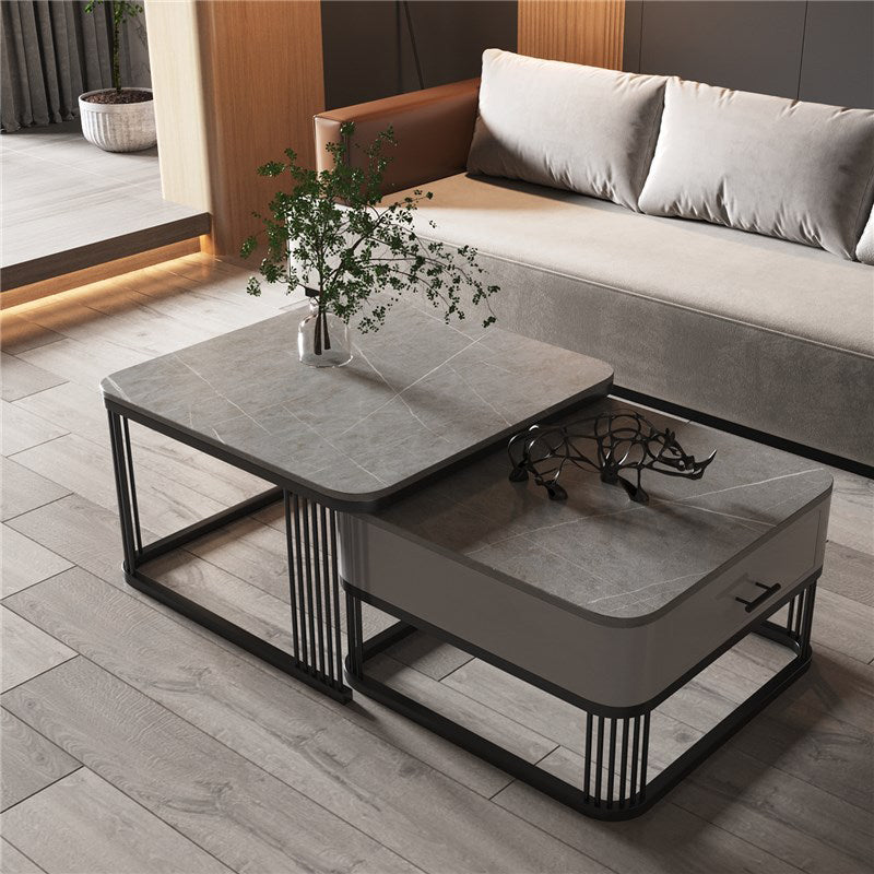 Square Nesting Coffee Table Set Slate Frame Coffee Cocktail Table with Drawer Clearhalo 'Coffee & Accent Tables' 'Coffee Tables' 'coffee_tables' 'furn' 'furn_coffee_tables' 'Furniture' 'Living Room Furniture' 6289871