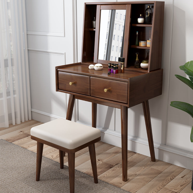 Modern 2-Drawers Solid Wood Dressing Table Mirror Makeup Table Makeup Vanity & Mirror & Stools Walnut Clearhalo 'Bedroom Furniture' 'furn' 'furn_makeup_vanities' 'Furniture' 'Makeup Vanities' 'makeup_vanities' 6289923