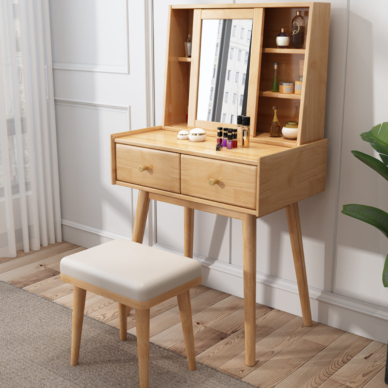 Modern 2-Drawers Solid Wood Dressing Table Mirror Makeup Table Makeup Vanity & Mirror & Stools Natural Clearhalo 'Bedroom Furniture' 'furn' 'furn_makeup_vanities' 'Furniture' 'Makeup Vanities' 'makeup_vanities' 6289924