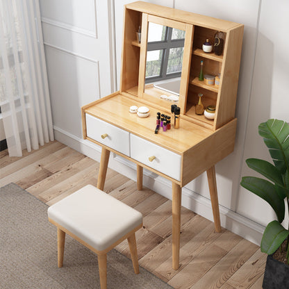 Modern 2-Drawers Solid Wood Dressing Table Mirror Makeup Table Makeup Vanity & Mirror & Stools Natural Wood White Clearhalo 'Bedroom Furniture' 'furn' 'furn_makeup_vanities' 'Furniture' 'Makeup Vanities' 'makeup_vanities' 6289925