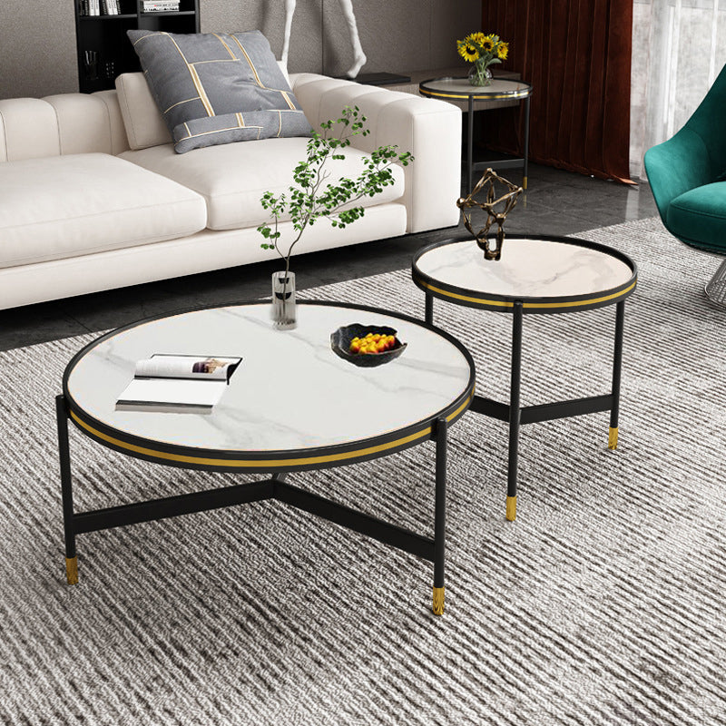 Round Slate 3 Legs Coffee Cocktail Table 2-Piece Coffee Table Set 31.5"L x 31.5"W x 16"H + 20"L x 20"W x 20"H White Clearhalo 'Coffee & Accent Tables' 'Coffee Tables' 'coffee_tables' 'furn' 'furn_coffee_tables' 'Furniture' 'Living Room Furniture' 6290007