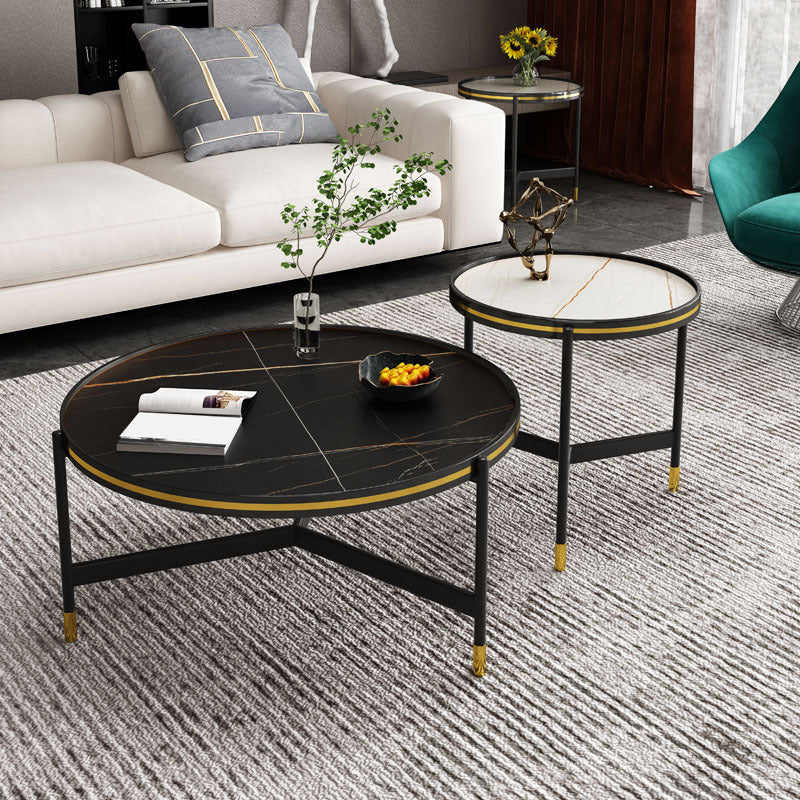 Round Slate 3 Legs Coffee Cocktail Table 2-Piece Coffee Table Set 31.5"L x 31.5"W x 16"H + 20"L x 20"W x 20"H Black White Clearhalo 'Coffee & Accent Tables' 'Coffee Tables' 'coffee_tables' 'furn' 'furn_coffee_tables' 'Furniture' 'Living Room Furniture' 6290008
