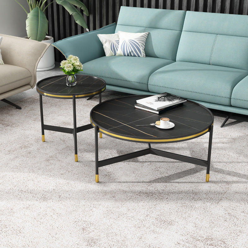Round Slate 3 Legs Coffee Cocktail Table 2-Piece Coffee Table Set 31.5"L x 31.5"W x 16"H + 20"L x 20"W x 20"H Black Gold Clearhalo 'Coffee & Accent Tables' 'Coffee Tables' 'coffee_tables' 'furn' 'furn_coffee_tables' 'Furniture' 'Living Room Furniture' 6290010