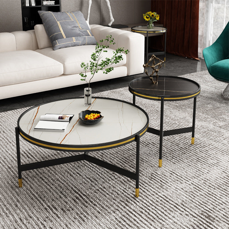 Round Slate 3 Legs Coffee Cocktail Table 2-Piece Coffee Table Set 31.5"L x 31.5"W x 16"H + 20"L x 20"W x 20"H White Black Clearhalo 'Coffee & Accent Tables' 'Coffee Tables' 'coffee_tables' 'furn' 'furn_coffee_tables' 'Furniture' 'Living Room Furniture' 6290021