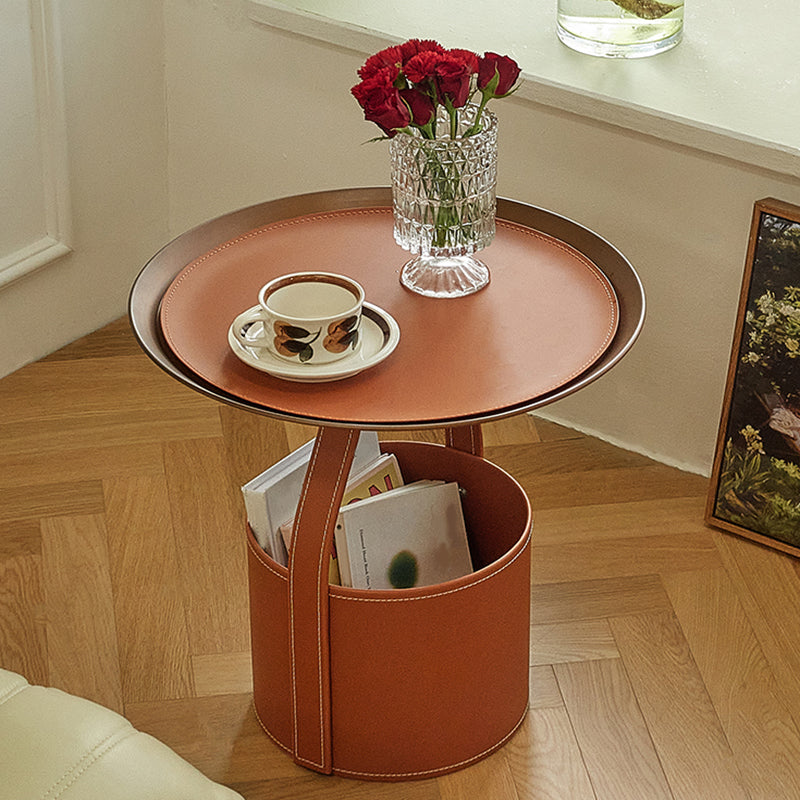 コンテンポラリーラウンドサイドエンドテーブルレザーペデスタルエンドテーブル