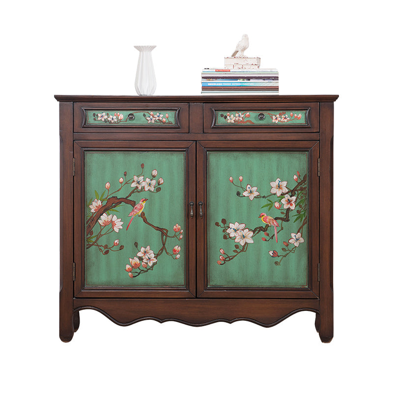 2 - Drawer Distressed Wood Cabinet 40.9" W Hand Painted Door Storage Cabinet