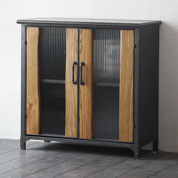 Metal & Wood Accent Cabinet Industrial Style Glass Paned Storage Cabinet