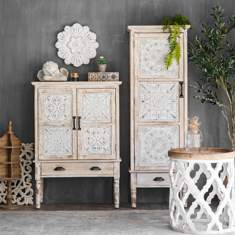 Industrial Distressed Wood Cabinet 1/2 - Drawer Solid Wood Storage Cabinet in White