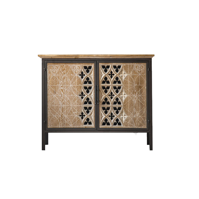 Metal and Distressed Wood Accent Cabinet Industrial Style Fretwork Chest