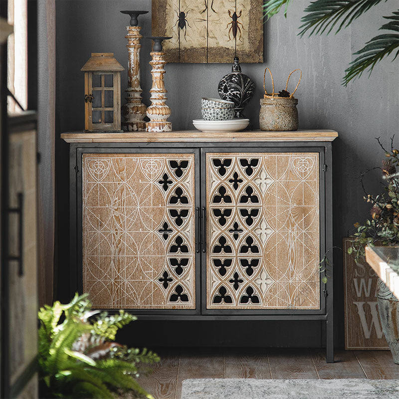 Metal and Distressed Wood Accent Cabinet Industrial Style Fretwork Chest