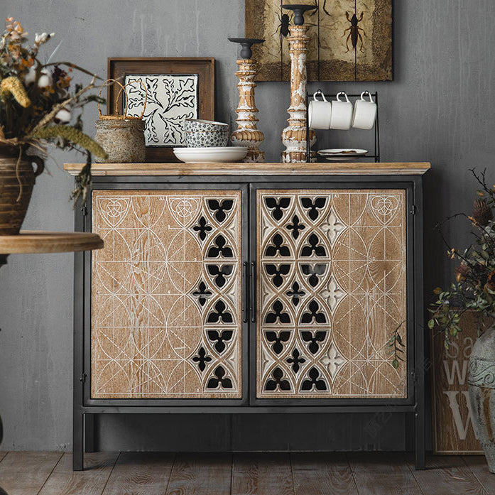 Metal and Distressed Wood Accent Cabinet Industrial Style Fretwork Chest