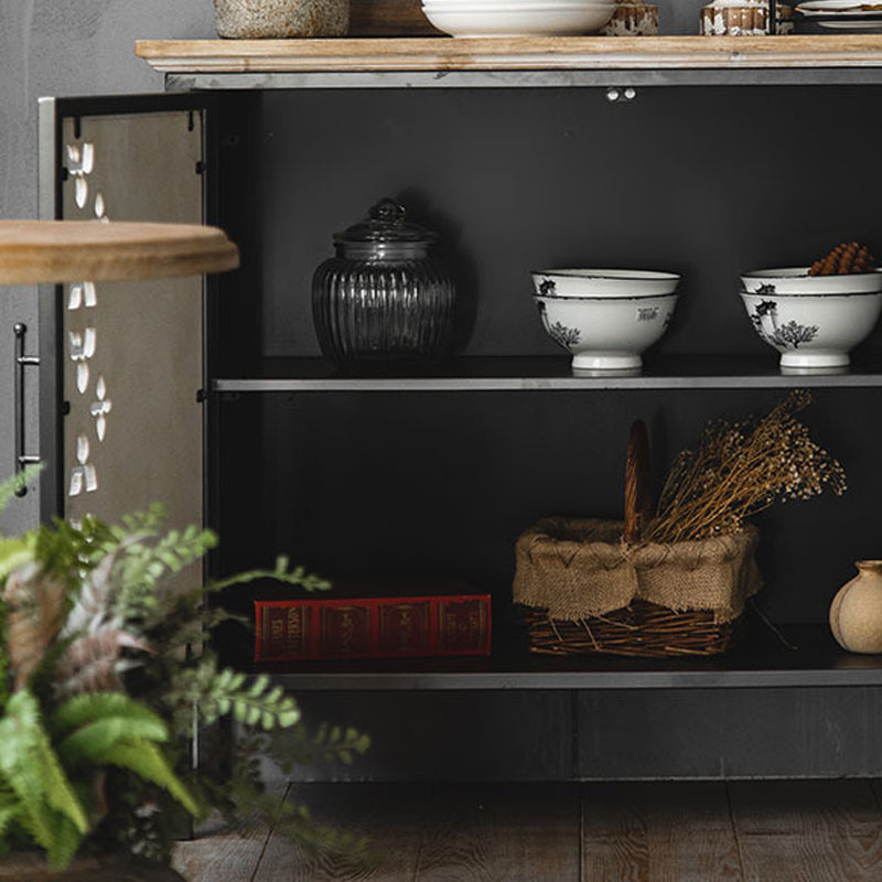 Metal and Distressed Wood Accent Cabinet Industrial Style Fretwork Chest