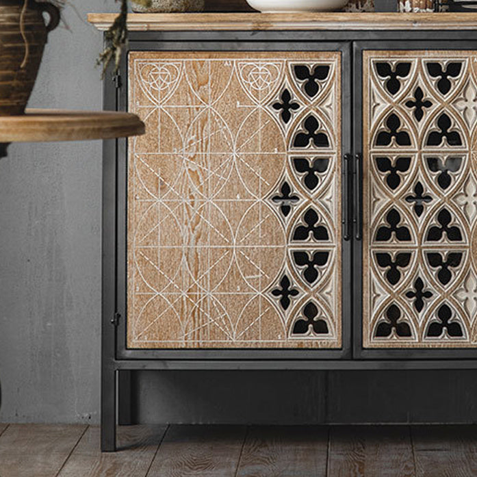 Metal and Distressed Wood Accent Cabinet Industrial Style Fretwork Chest