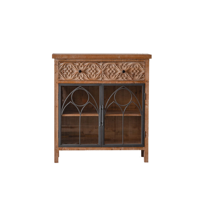 Distressed Brown Drawers Included Cabinet Glass Paned Wood & Iron Accent Cabinet