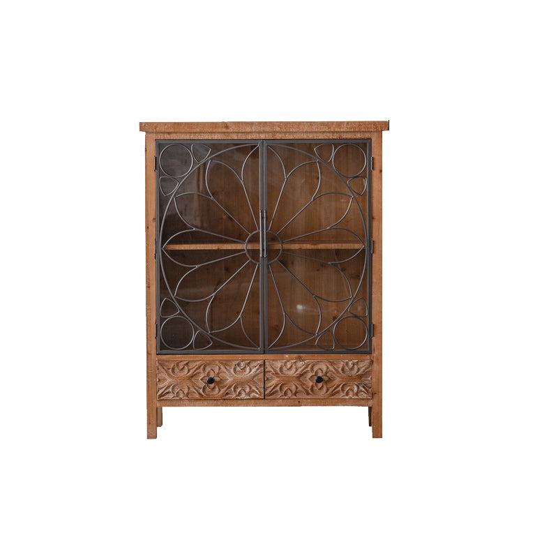 Distressed Brown Drawers Included Cabinet Glass Paned Wood & Iron Accent Cabinet