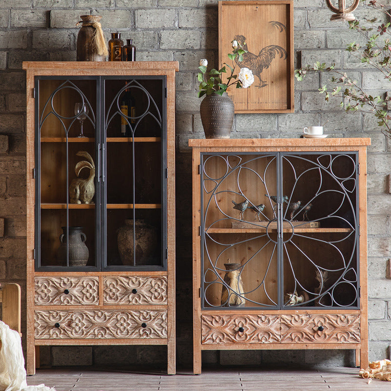 Distressed Brown Drawers Included Cabinet Glass Paned Wood & Iron Accent Cabinet