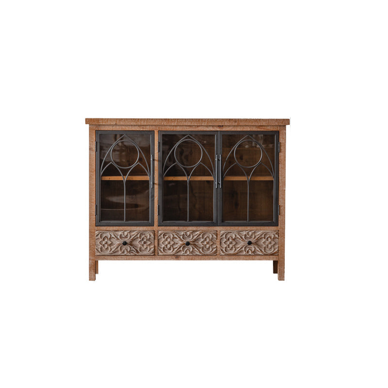 Distressed Brown Drawers Included Cabinet Glass Paned Wood & Iron Accent Cabinet