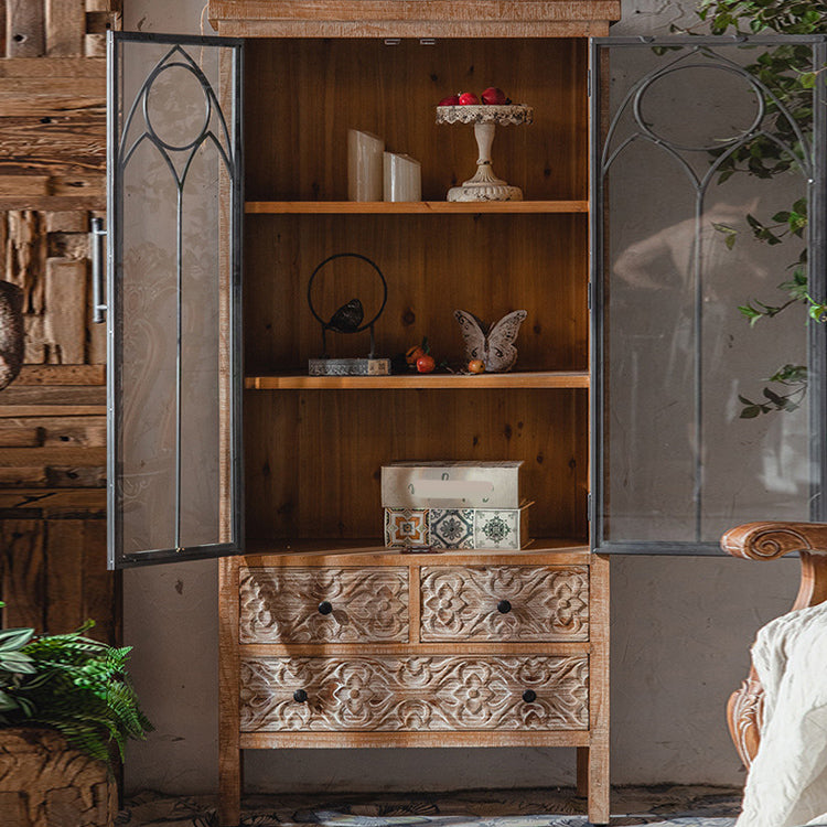 Distressed Brown Drawers Included Cabinet Glass Paned Wood & Iron Accent Cabinet
