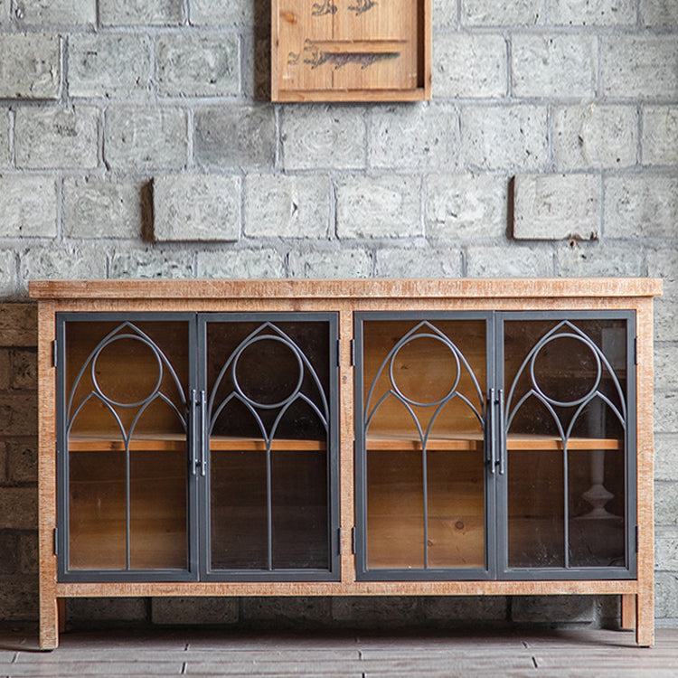 Distressed Brown Drawers Included Cabinet Glass Paned Wood & Iron Accent Cabinet