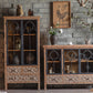 Distressed Brown Drawers Included Cabinet Glass Paned Wood & Iron Accent Cabinet